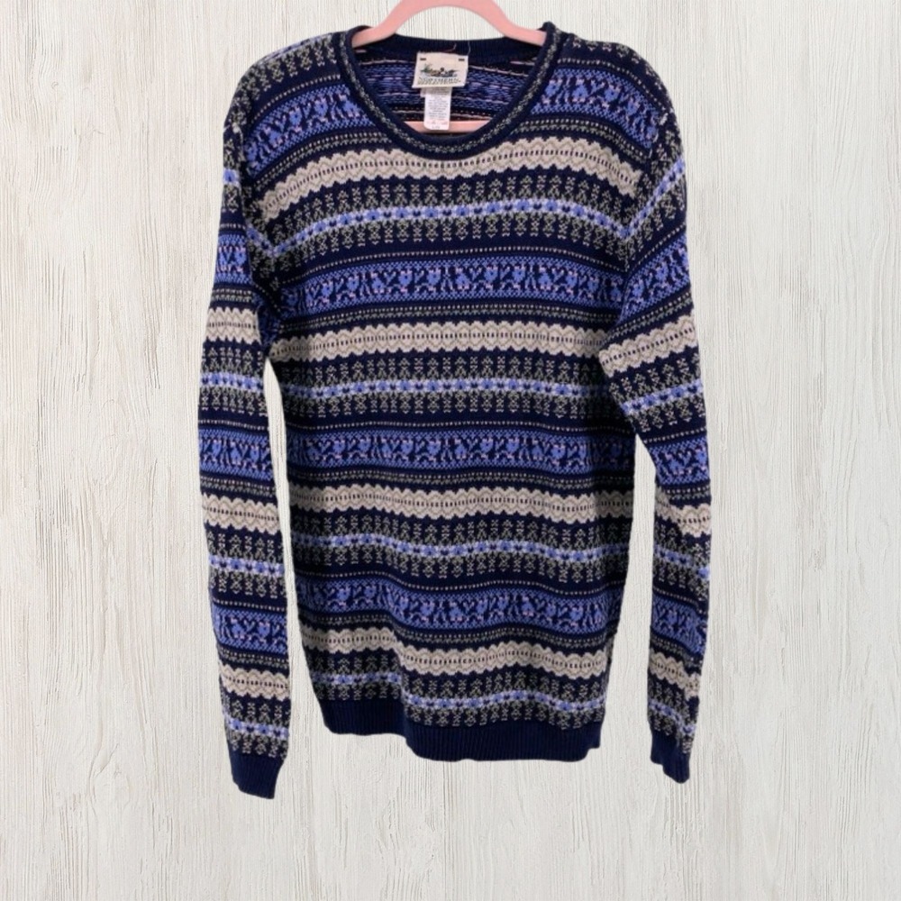 Northern Reflections Vintage Fair Isle Cotton Sweater‎ Blue Large Made In Canada